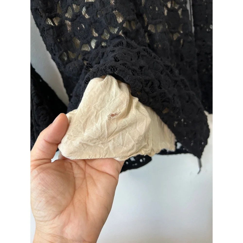 Free People Black Crochet Lace Bell Sleeve Mini Dress Lace Up Front Size 6